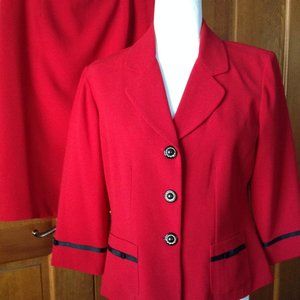Danny & Nicole New York 2 PC Suit, red with black trim, 3/4 sleeve jacke, size 8